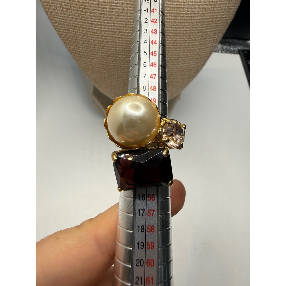 J.Crew Gold Tone Faux Pearl Burgundy Crystal‎ Cluster Statement Ring Size 6